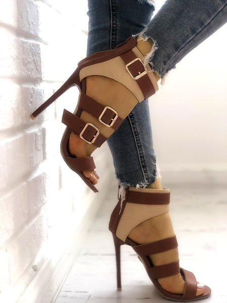 Contrast Color Ladder Buckle Stiletto Heels - DadHats2ow6ix