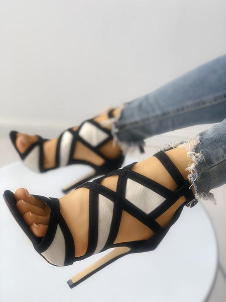 Contrast Color Caged Bandage Heeled Sandals - DadHats2ow6ix