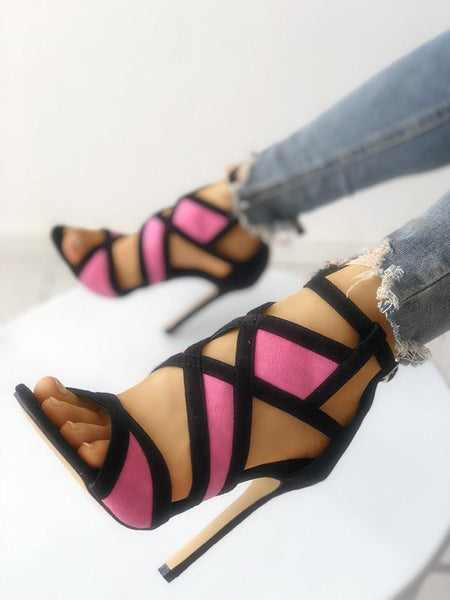 Contrast Color Caged Bandage Heeled Sandals - DadHats2ow6ix