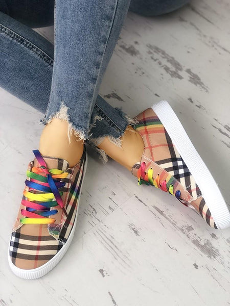 Colorful Lace-Up Plaid Print Casual Sneakers - DadHats2ow6ix