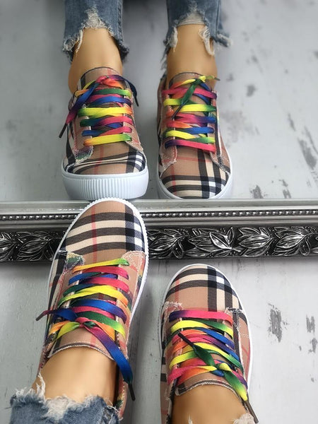 Colorful Lace-Up Plaid Print Casual Sneakers - DadHats2ow6ix