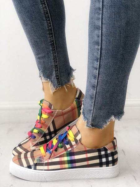 Colorful Lace-Up Plaid Print Casual Sneakers - DadHats2ow6ix