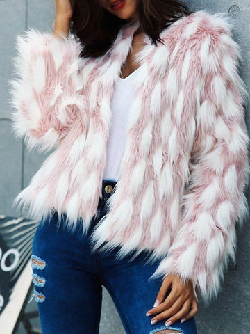 Color Block Open Front Fluffy Faux Fur Coat - DadHats2ow6ix