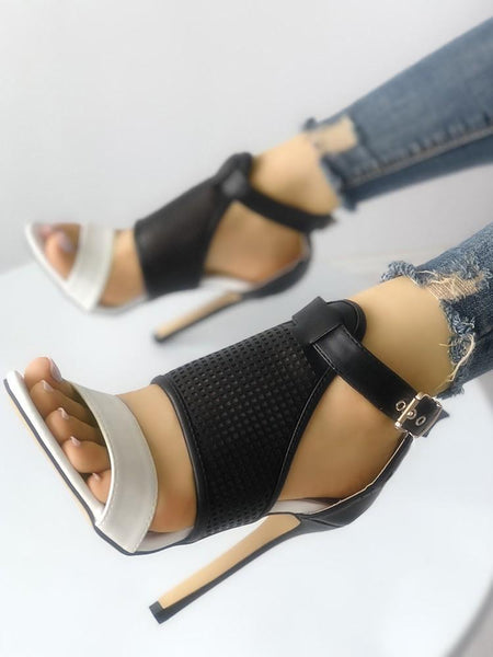 Contrast Color Buckled Thin Heeled Sandals - DadHats2ow6ix