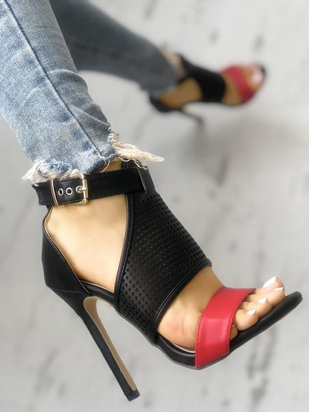 Contrast Color Buckled Thin Heeled Sandals - DadHats2ow6ix